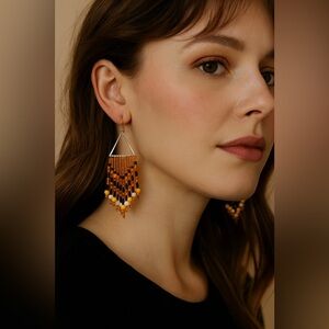 Beaded Fringe Halloween Earrings in Orange and Black